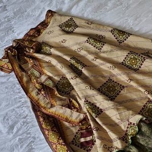Vintage OOAK sari silk wrap skirt olive + tan